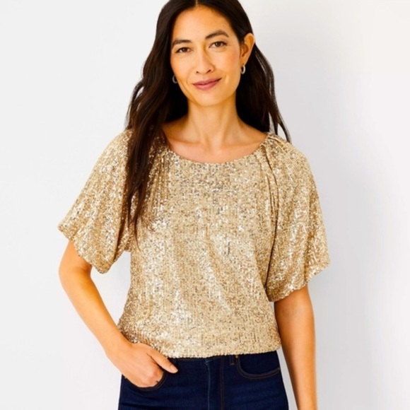 Ann Taylor gold sequin raglan‎ sleeve top  short sleeves large NWT XL holiday - Picture 1 of 14
